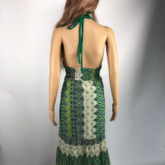 VINTAGE GREEN HALTER TOP FLYING TOMATO LONG DRESS - Picture 5 of 5